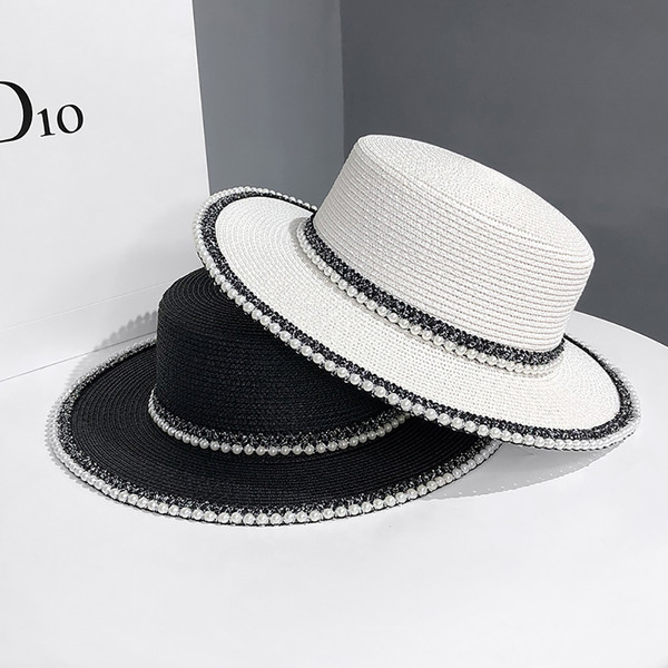 Summer  Big Brim Sun Hat Women's French Fisherman Cap Fashion Pearl Chain Flat Cap Sunshade Sunscreen Straw Hats