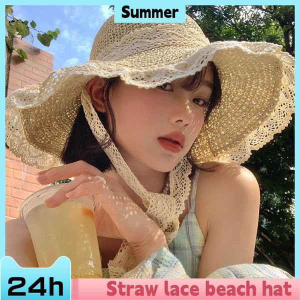 Sweet Lace Sun Hat Women Summer Hollow Straw Hat Outdoor Travel Sun Cap Beach Sunscreen Hat Sweet Fisherman's Cap