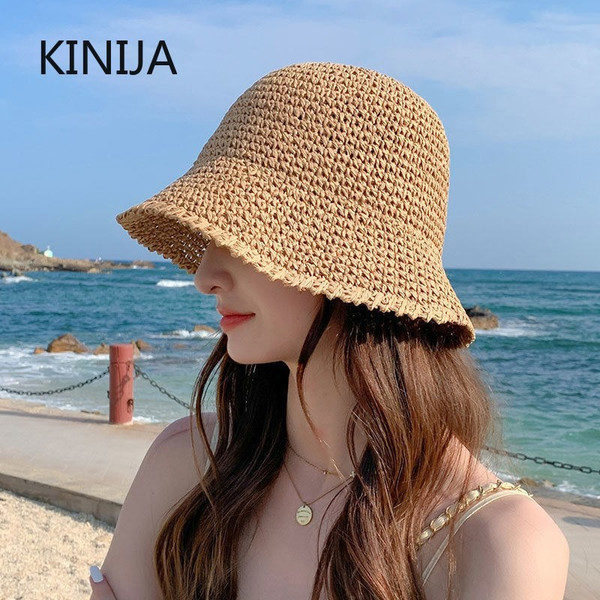 Beach Korean Straw Hat Summer Women Visor Bucket Hat Fisherman Hat Hand Weaving Panama Girl Fishing Chapeau Sun Hats Tool