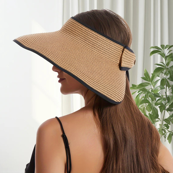Summer Beach Sun Hat For Women Portable Folding Wide Brimmed Straw Hat Fashion Bow Shaped Hollow Top Straw Hat Girls Bucket Hats