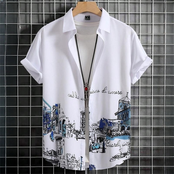 Simple Men's Shirts 3d Patchwork Printing High-Quality Clothing Short Sleeve Beach Party Hawaiian