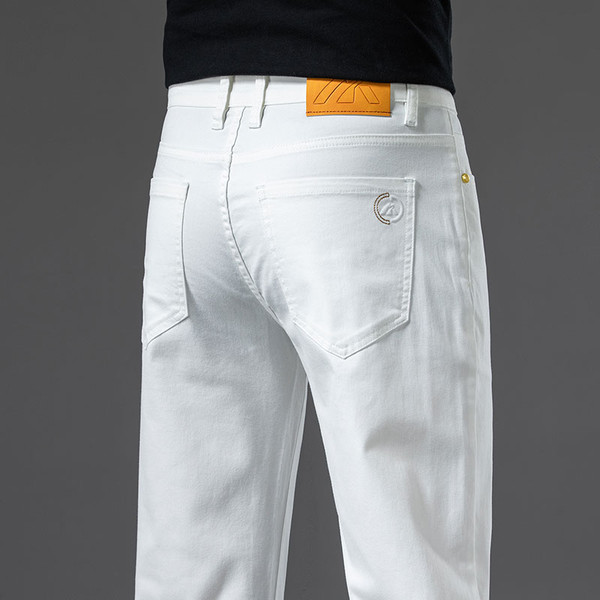 New High Quality Casual Men White Jeans Mid-Waist Straight Stretch Denim Trousers Cotton Comfortable Regular Denim Pants