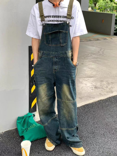 Cleanfit Retro American Sle Men's Denim Overalls Loose Straight Leg Patchwork Jeans Vintage Waed Trendy Casual Trousers