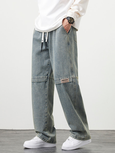 2024 New Retro Blue Men's Jeans Large Size String Banding Wide Leg Denim Pants Cotton Casual Straight Jean Trousers 6XL 7XL 8XL