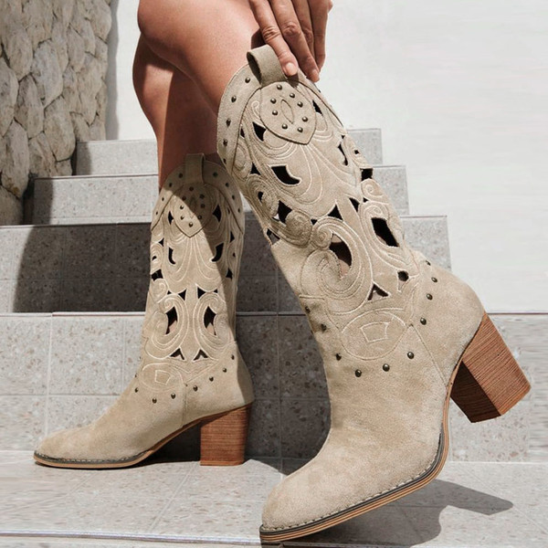 2024 Women's Summer Retro Round Toe Chunky Heels Vegan Suede Western Boots with Hollow Design and Rivets Cowboy Boots Shoes