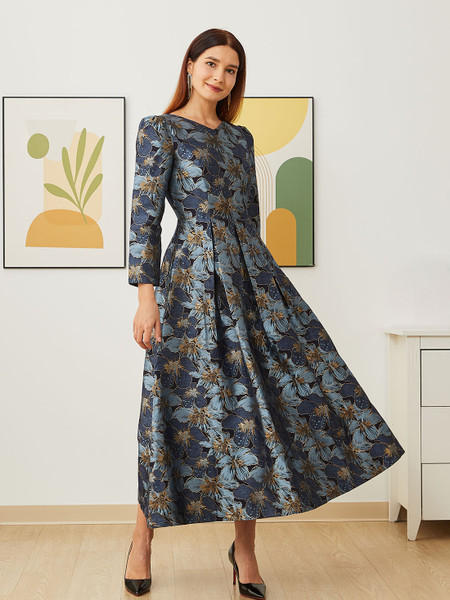 Elegant Women Long Maxi Evening Dress Floral Jacquard Fall V Neck Lady Autumn Winter Party Fashion Formal Vestidos
