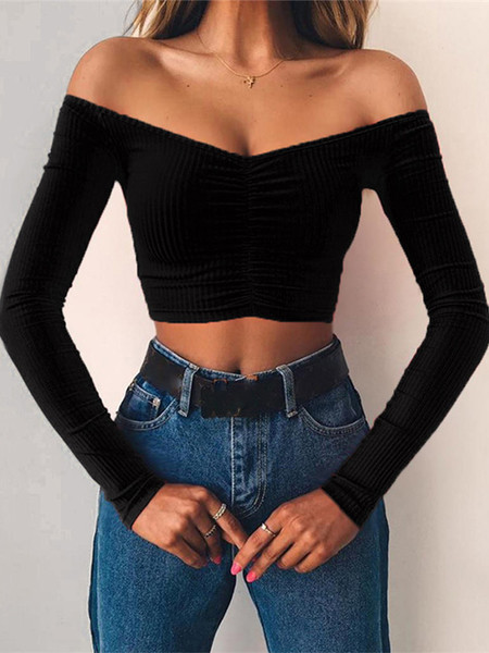 women T-shirts sexy and club fashion female T-shirt long sleeve off shoulder solid color lady Tshirt autumn basic tees