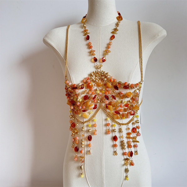 Women Tops Beaded Camisole Vest Bikini Bra Top Body Exaggerated Pearl Neck Bustier Beachwear Lingerie Woman's Club Rave