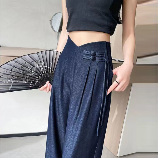 Women Clothing Summer Chinese Style Vintage Streetwear Y2K Jeans Female Elegant Chic High Waist Denim Wide-leg Pants Pantalones