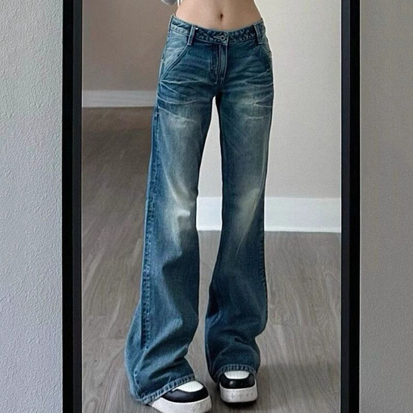 Vintage Straight-Leg Jeans Women 2025 New Y2K Low Waist Pocket Loose Denim Pants Woman Korean Fashion Slimming Wide Leg Trousers