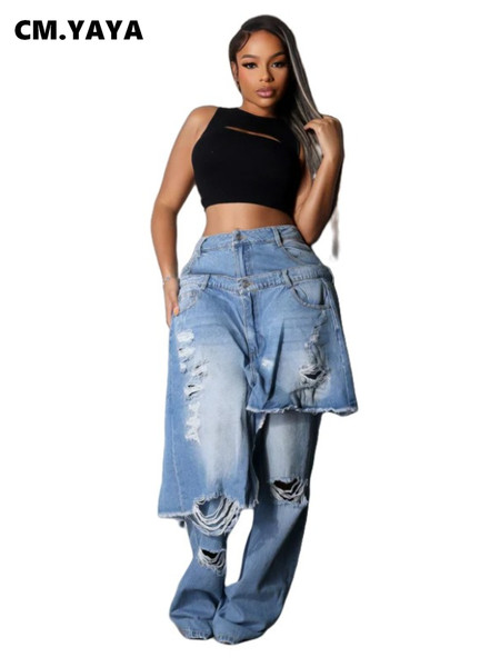 CM.YAYA Denim Pants Women Retro Sexy Hole Hollow Out Jeans Ripped out Pencil Trousers 2025 Street loose High Waist Lady Pant
