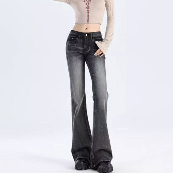 Women's Vintage Y2K Flared Jeans Korean Button-Up Low Rise Casual Denim Pants Female Versatile Elastic Slim Fit Jean Trousers