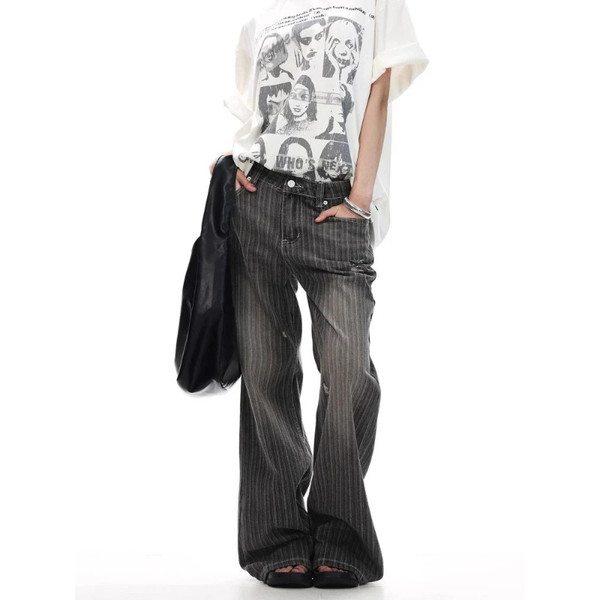 Women's American Retro Waed Striped Hole Denim Jeans Summer Loose High Street Micro Flared Cleanfit Casual Long Pants