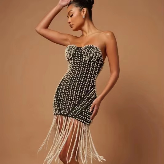 ED2677 Kimshein New Trending Womans Clothes Mini Pearl Prom Dresses Gowns for Women Tassel Evening Dress