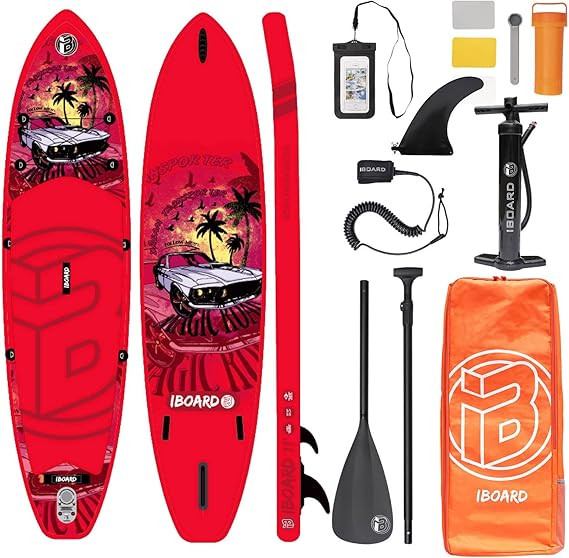 Iboard 11' Red Drop Stitch Inflatable Stand-Up Paddle Board for Ocean Waters Surfing Accessory