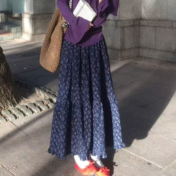New Elegant Dark Blue Floral Women High-Waisted Retro Blue Floral Skirt Female A-line Skirt Casual Lazy Wind Long Skirt