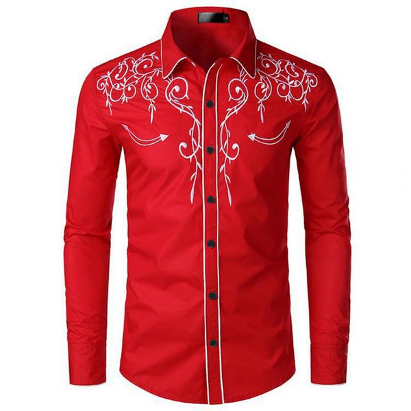 Men Lapel Shirt Embroidered Slim Fit Western Cowboy Shirt Lapel Collar Single-breasted Long Sleeve Stylish Men's Casual for A