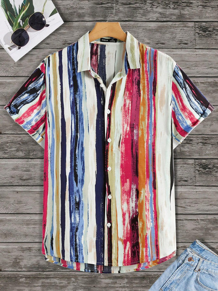 Irregular Personalized Interesting Print Design men's short-sleeved Shirt Casual Fashion Button Shirt Top