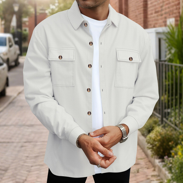 Mens Casual Waffle Texture Button Up Shirt Long Sleeve Lapel Collar Pocketed Shacket Fashion Oversized Blouse for Men