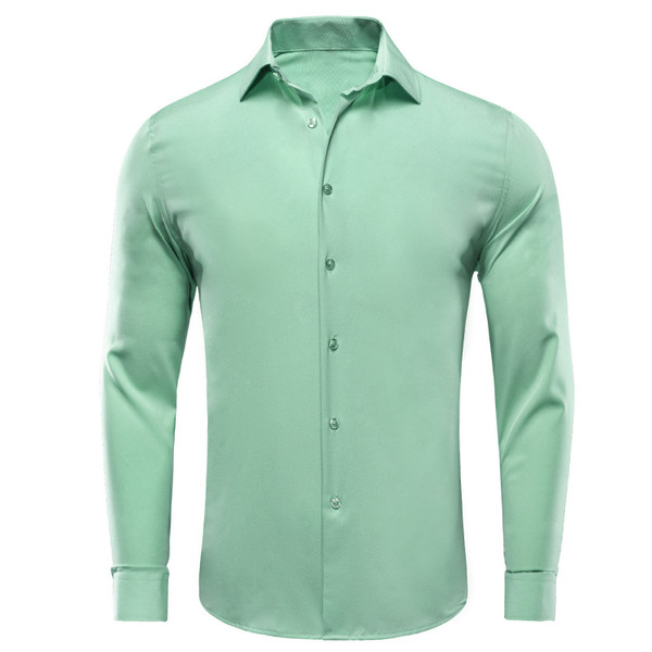 Hi-Tie Plain Solid Silk Men's Shirts Long Sleeve Lapel Dress Suit Shirt Blouse Wedding Business Blue Mint Pink Purple Green Gray