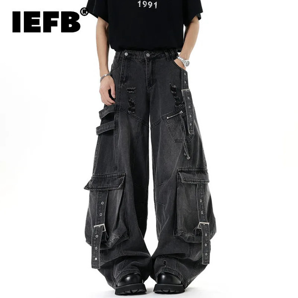 IEFB American Style Men's Jeans Solid Color Multi Pockets Casual Worn-out Trousers Deconstruction Wide Leg Denim Pants 9W4066