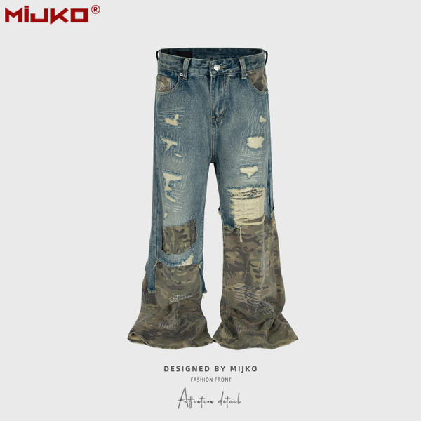 MIJKO Jeans Men's and Women's Camouflage Patchwork Washed Hole Design Jeans 2025ss