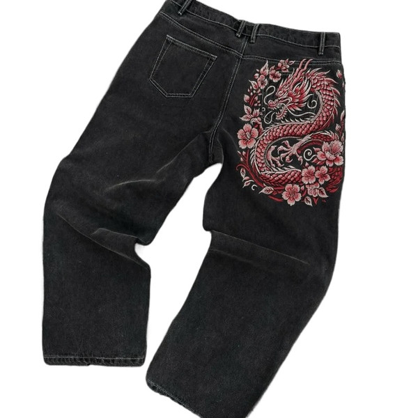 American Retro Hip-Hop Cherry Blossom Dragon Embroidery Baggy Jeans For Men and Women Y2K New Gothic Hip-Hop Casual Street Wear