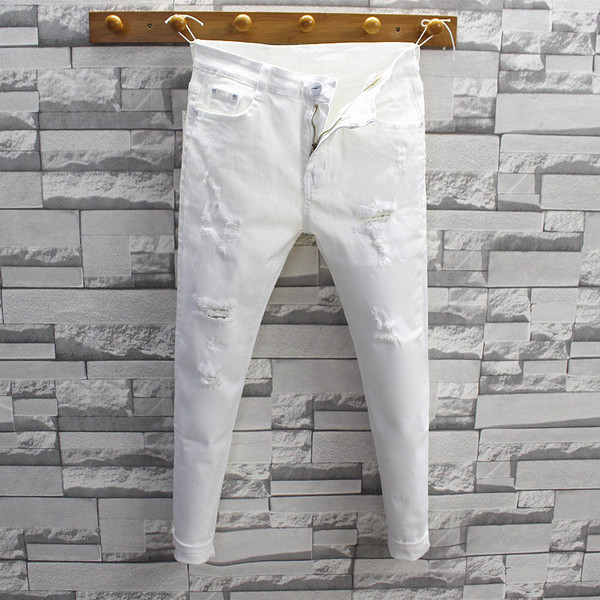 Fashion Streetwear Luxury White Jeans for Men Korean Style Slim Fit Cotton Trousers with Distressed Holes Stretch Casual Jeans