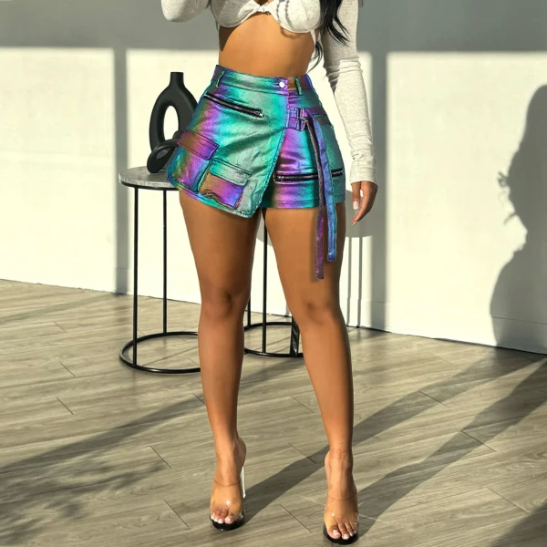 Womens Metallic Cargo Skorts Utility Asymmetrical Slit High Waist Faux Leather PU Shorts Stretchy Pockets Shiny  Skirts