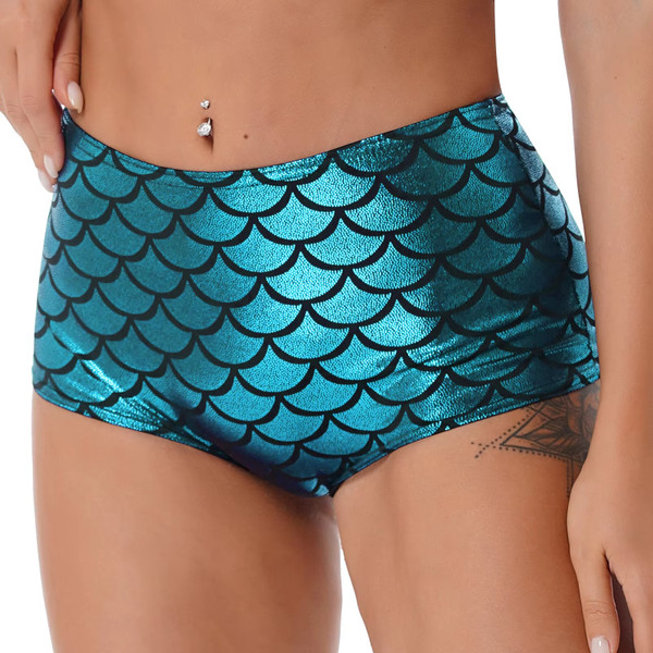 Women High Waist Shiny Fish Scale Shorts Party Rave Pole Dancing Hot Pants Mermaid Cosplay Costume Swimwear Beachwear Clubwear