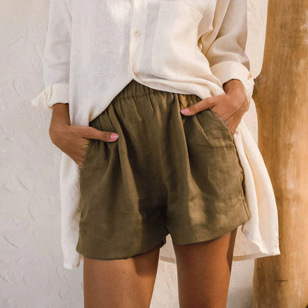 Women's High Waist Cotton Linen Shorts 2025 Casual Summer Solid Elastic Harajuku Blue Streetwear Calças Femininas