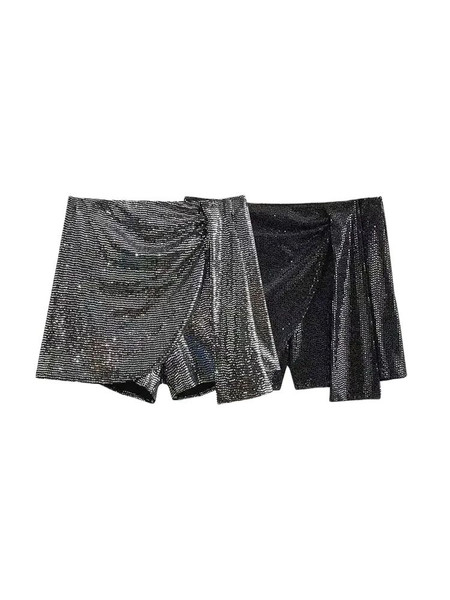 Women's Knotted Sequin Shorts Skirts, High Waist, Side Zipper, Female Skort,Fashion