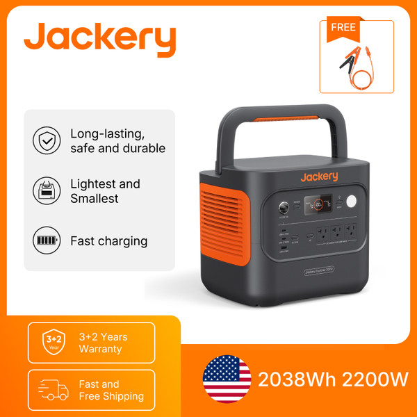 Jackery Explorer 2000  Power Station with 12V Charging Cable, 2200W/2038Wh LFP Battery Generator for Emergencies, Outages, Camping