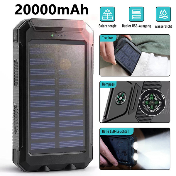 20000mAh Outdoor Solar Power Bank IP67 Waterproof Dual USB Charger With LED Flashlight SOS Light Compass Portable External Battery