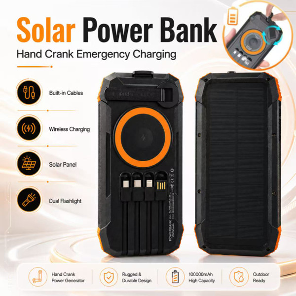 Solar Power Bank 100000mAh Wireless Fast Charging Portable Charger Built-in Cables LED Flashlight for Camping Travel Emergency
