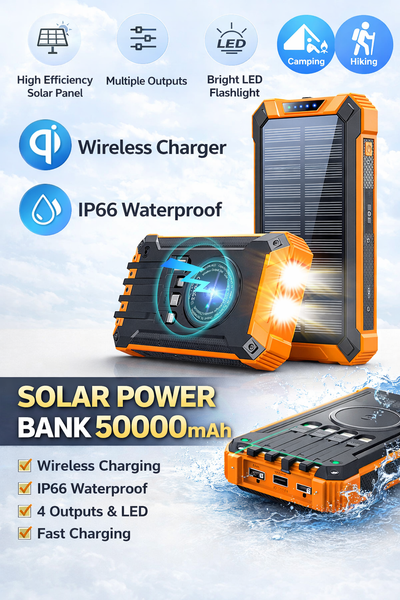 Solar Power Bank 50000mAh IP66 Waterproof  Charger/4 Outputs/QI Wireless Charging/Powerful Flashlight for Hiking Travel、Outdoor