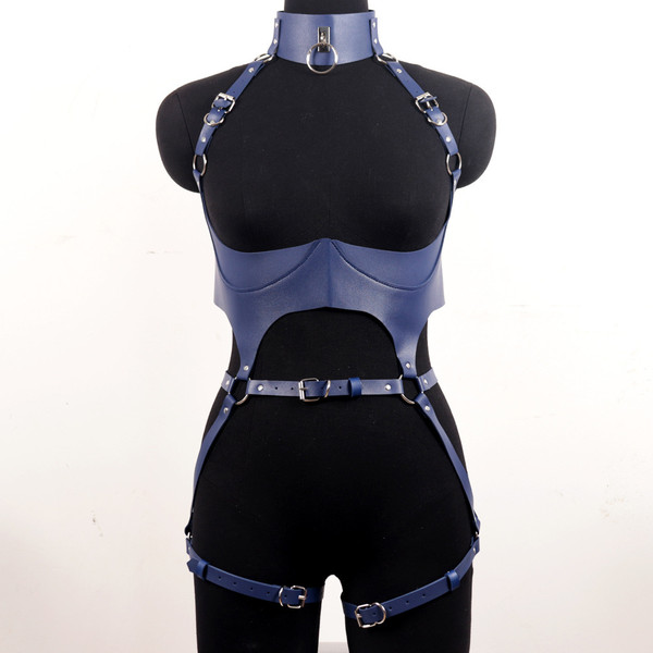 Women Leather Harness Sets Sexy Lingerie Body Bondage Straps Chest Harness Garter Belts Full Body Blue Gothic Suspenders