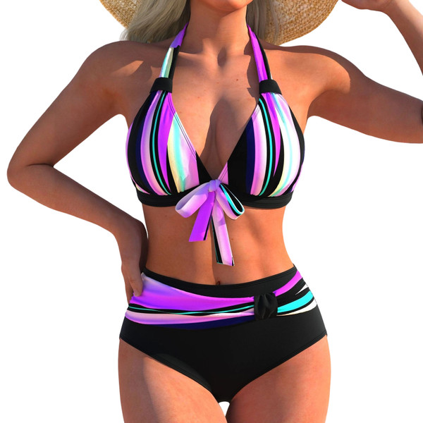 Sexy Bikini Set Summer Fashion Polka dot and Colorful Striped Swimsuit for Beach and Pool High waisted with Tied Front Bikini
