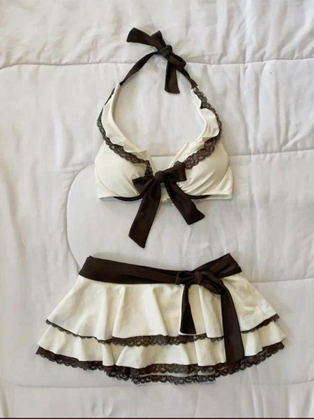 Summer Beige Lace Trim Bow Halter Skirted Bikini Set Beach Pool Vacation Cute Sweet Slim Y2K New Trendy Women's Swimsuit