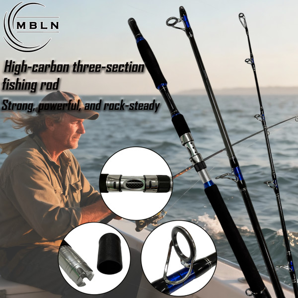 1pc 3-Section Boat Fishing Rod, Hard Carbon Jigging Rod, Aluminum Reel Seat,45° Reinforced Carbon Wrap,Stainless Guides,EVA Grip