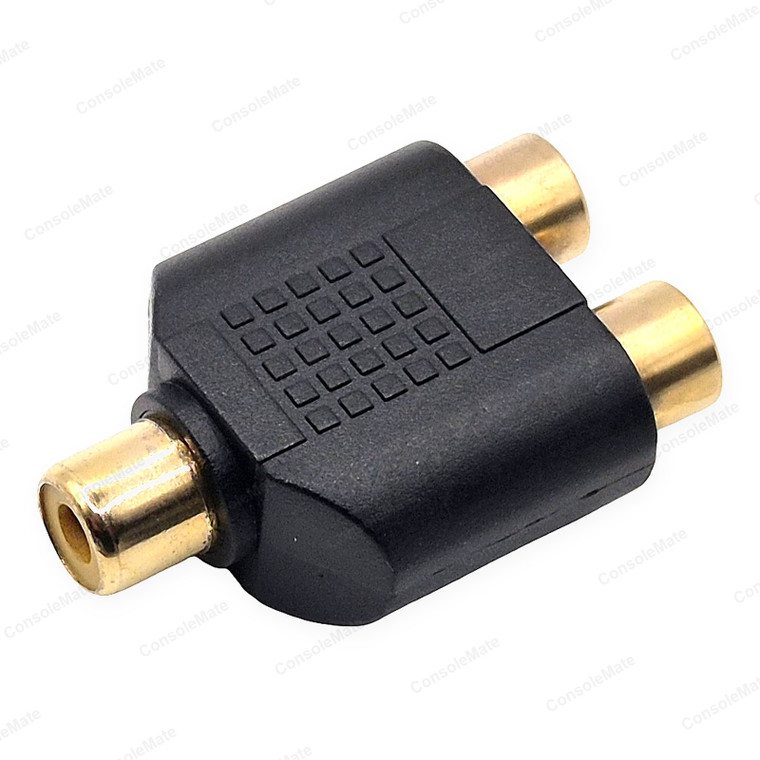 RCA Y Splitter Adaptor - 1 x RCA Socket to 2 x RCA Sockets | Gold Plated – Complete adapter: single socket left, twin sockets right