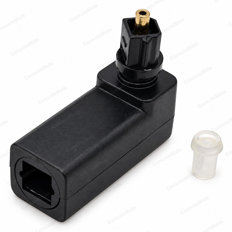 Toslink Right Angle Adaptor 90 Degree | Optical Plug to Socket, 360 Swivel – product photo