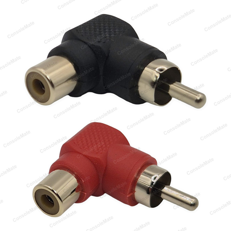 RCA Right-Angle Adaptors Twin Pack | 1x Red + 1x Black | 90 Degree Gold-Plated – Full mixed pack: 1 black + 1 red · front connections