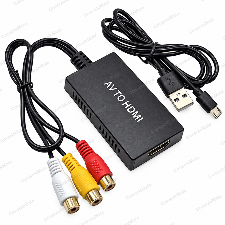 AV to HDMI converter with attached RCA input lead and USB power cable