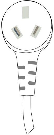 Right-angle AU mains plug, face-on view showing pin layout and the side the cord exits