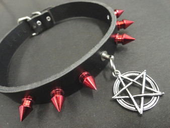 Leather choker with red spikes and pentagram pendant