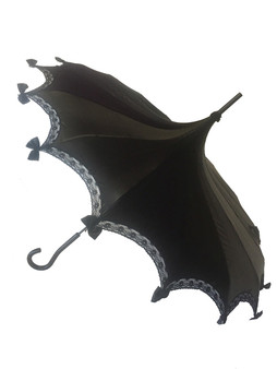 This beautiful Steampunk/Gothic Pagoda style Umbrella is done in our Midnight Black Satin. It has lace and bow details with a hook-style handle. Whether it is Sunny or Wet, this is a must-have accessory for all your weather needs (yes, that’s right- this is a real umbrella and can get wet. It’s not just a fashion piece, it’s functional)! This Umbrella will complement your outfit or costume.

Pagoda Style Umbrella
Midnight Black Satin panels
Hook-styled handle
Lace ans small black bows detail
Sturdy Construction
Use as a parasol or rainy weather umbrella

 http://petuniarocks.com