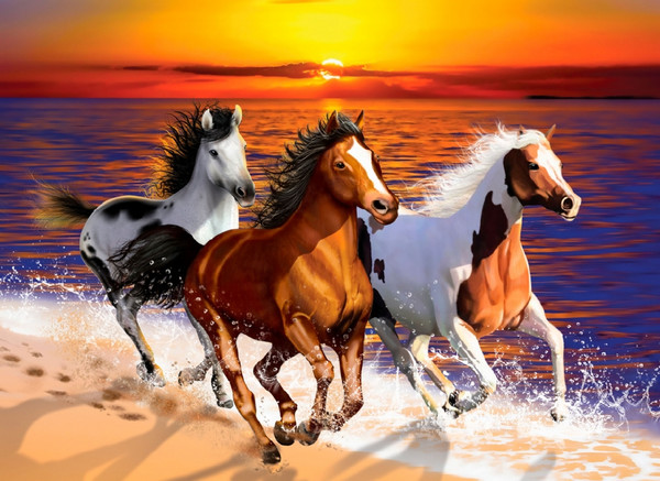 Wild Horses on Beach XL Wooden City Puzzle