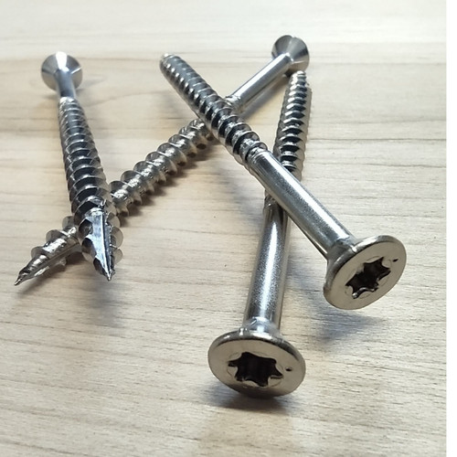 305 Stainless Steel Deck and Framing Screws.  #10 x 3". Higher grade Stainless Steel.  Type 17 Drill Point - self drilling, T-25 star head drive unless noted otherwise.  Suitable for use in Cedar, Redwood, Treated, Mahogany, all wood species