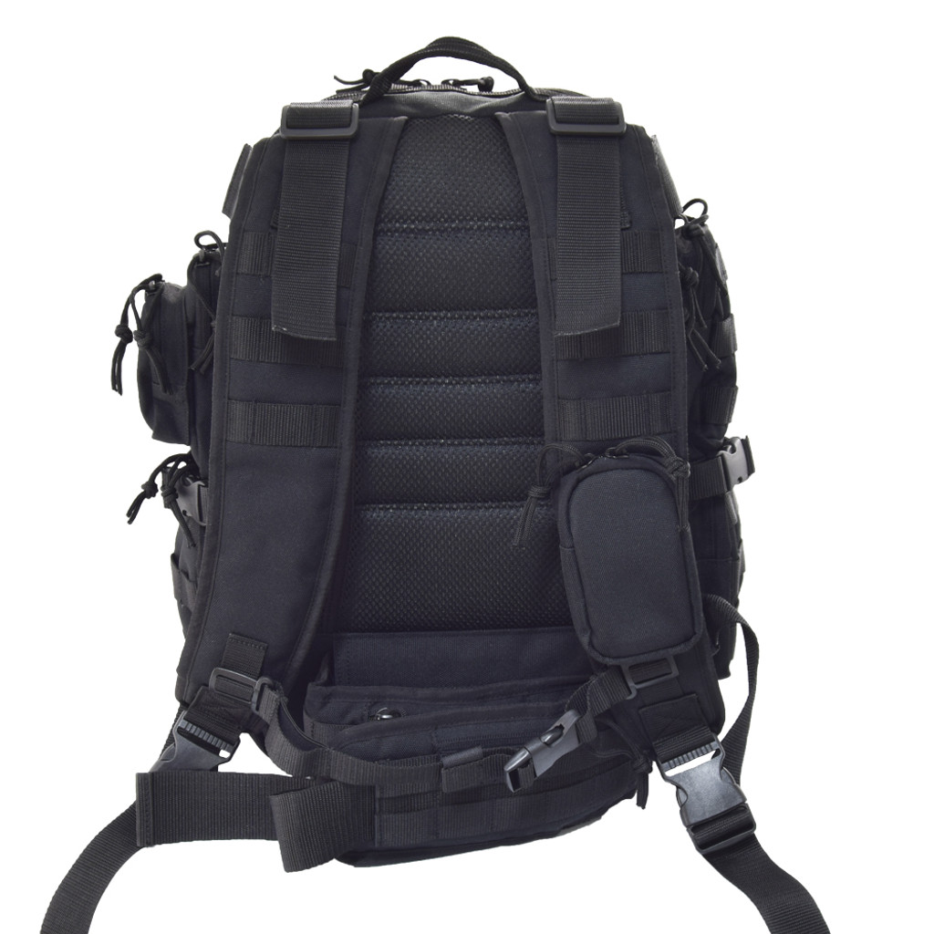 Brazos Concealed Carry Backpack in black with padded back and backpack straps with mesh lining for comfort, small zippered pouch on one backpack strap & sternum strap.